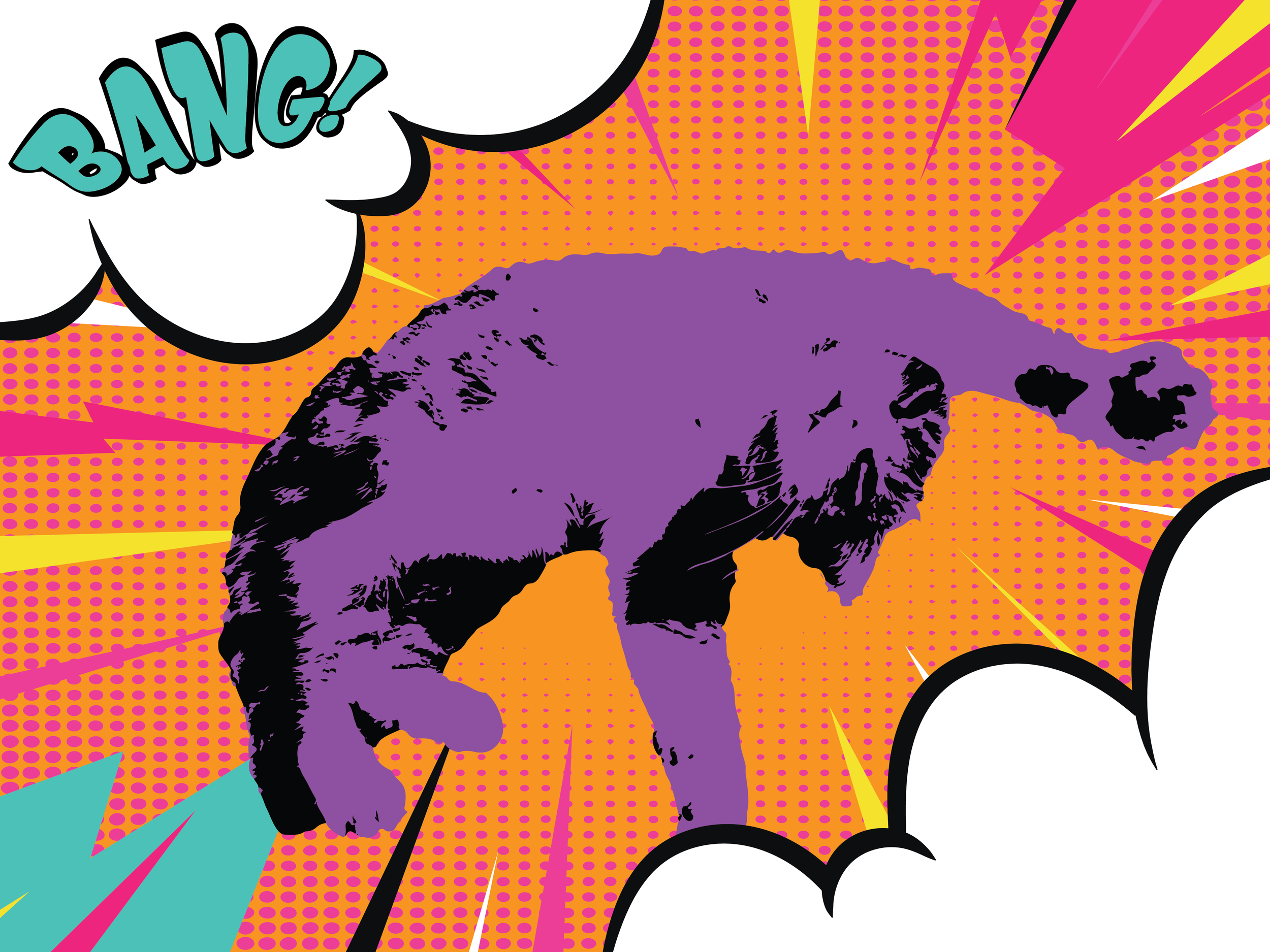 Comic book style illustration of a purple dinosaur with a speech bubble saying 'BANG!' on an orange background with pink dots and yellow rays.