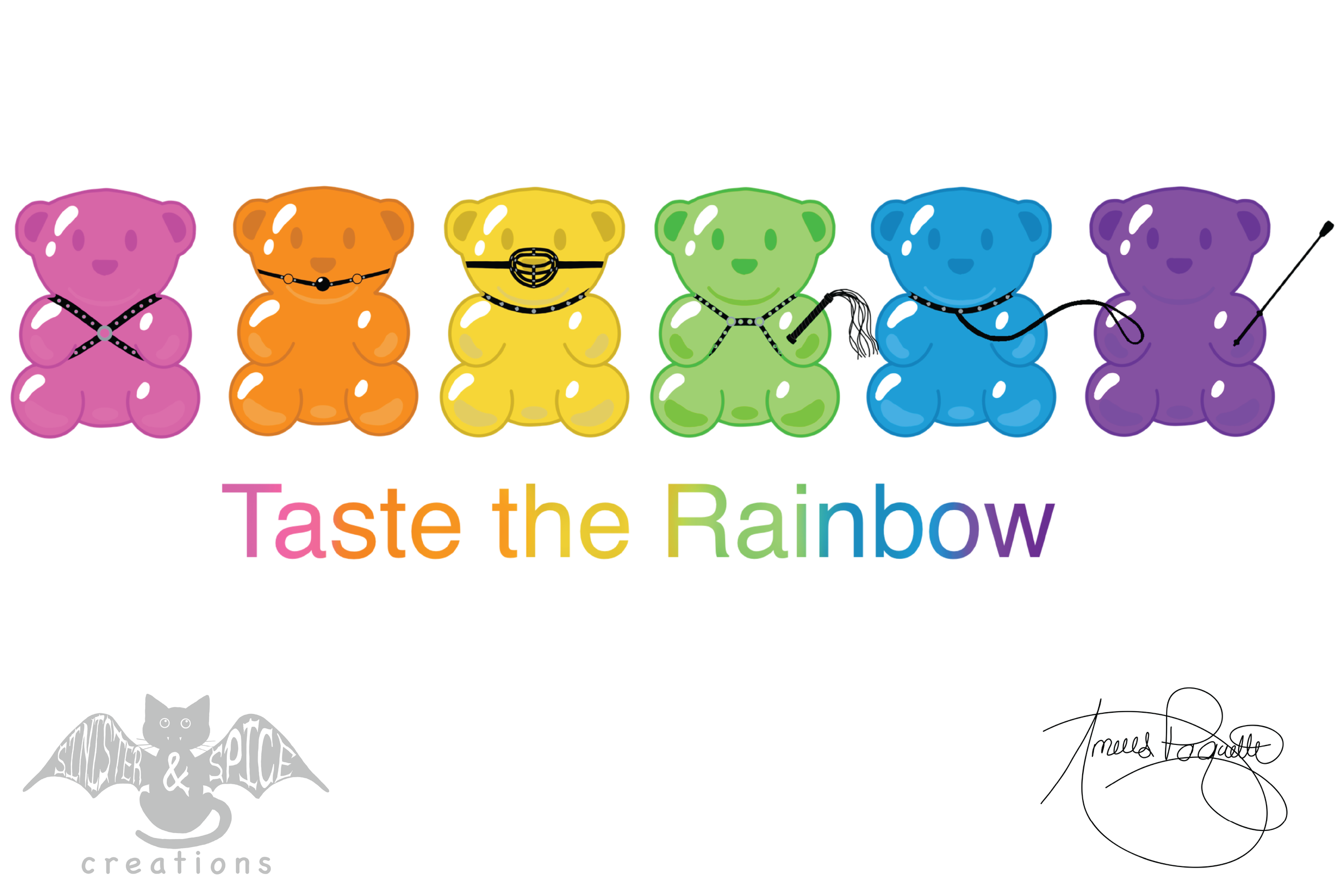 Colorful teddy bears with various accessories, and the text 'Taste the Rainbow' in rainbow colors. Includes signatures and a bat logo at the bottom.