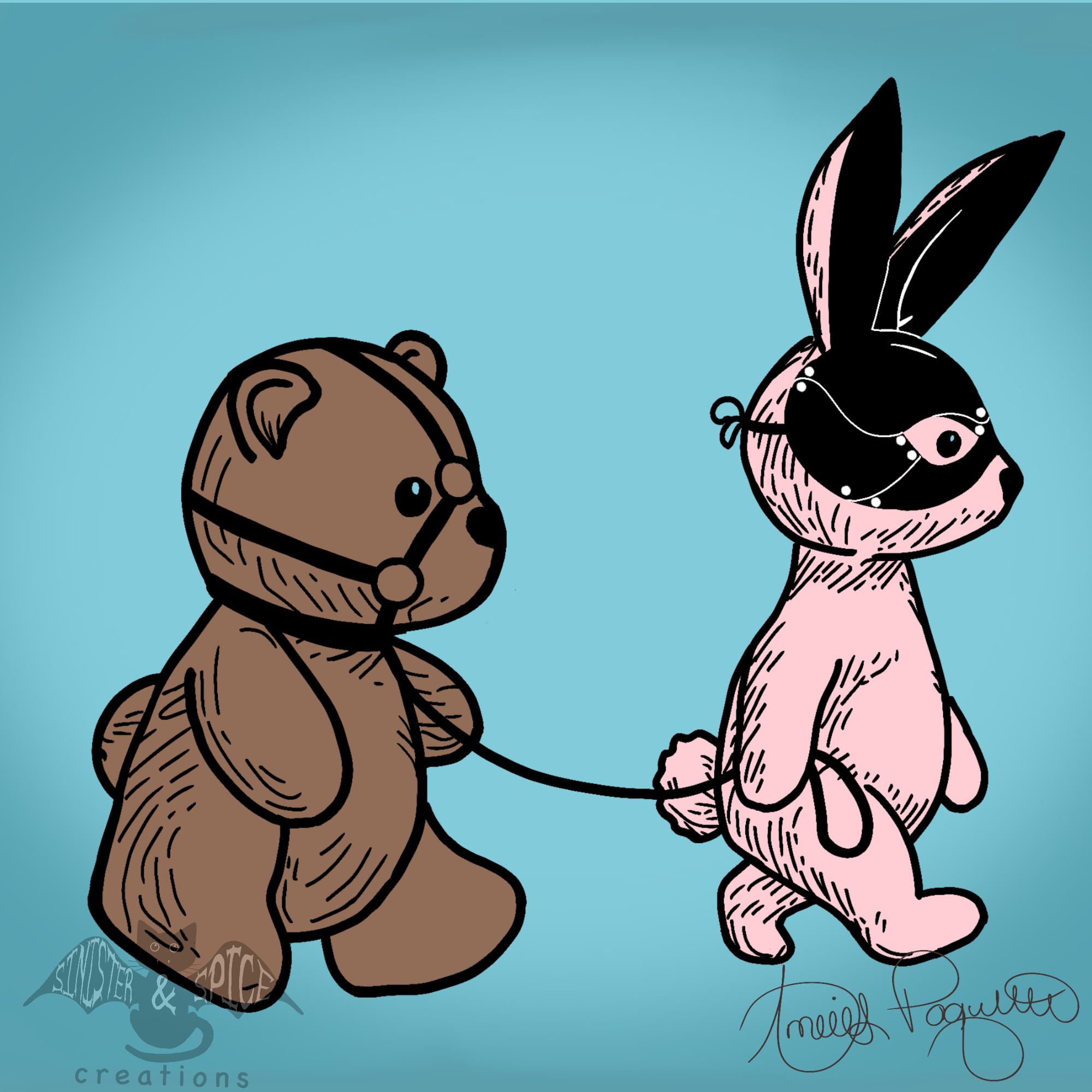 Illustration of a bear and a rabbit with a blue background, signed by Tiffany Faguin.