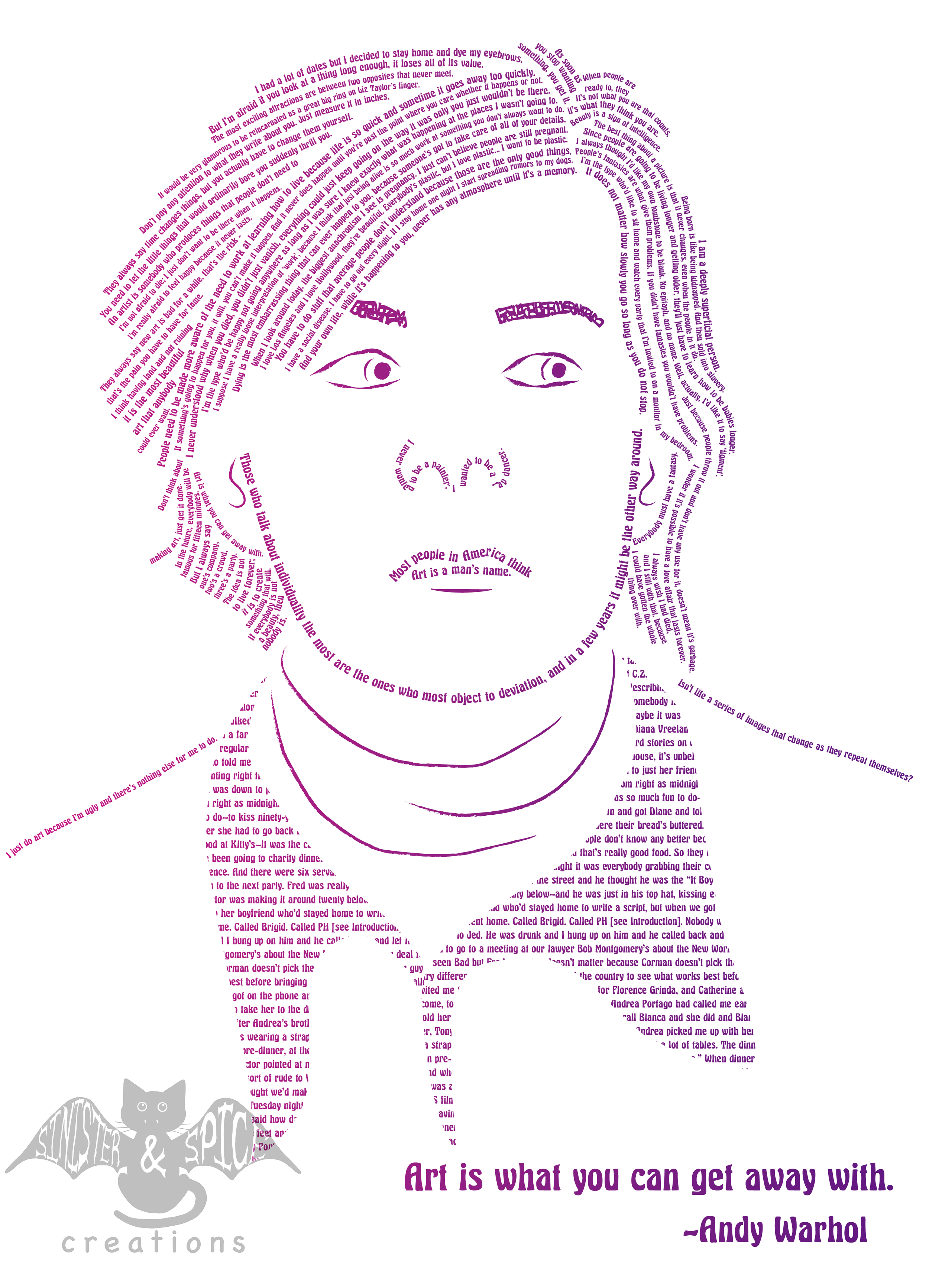 Text art of a smiling woman with long hair, surrounded by quotes and phrases about art, creativity, and personal expression, with a gray bat logo and the word 'creations' at the bottom, and a quote: 'Art is what you can get away with.' by Andy Warhol.
