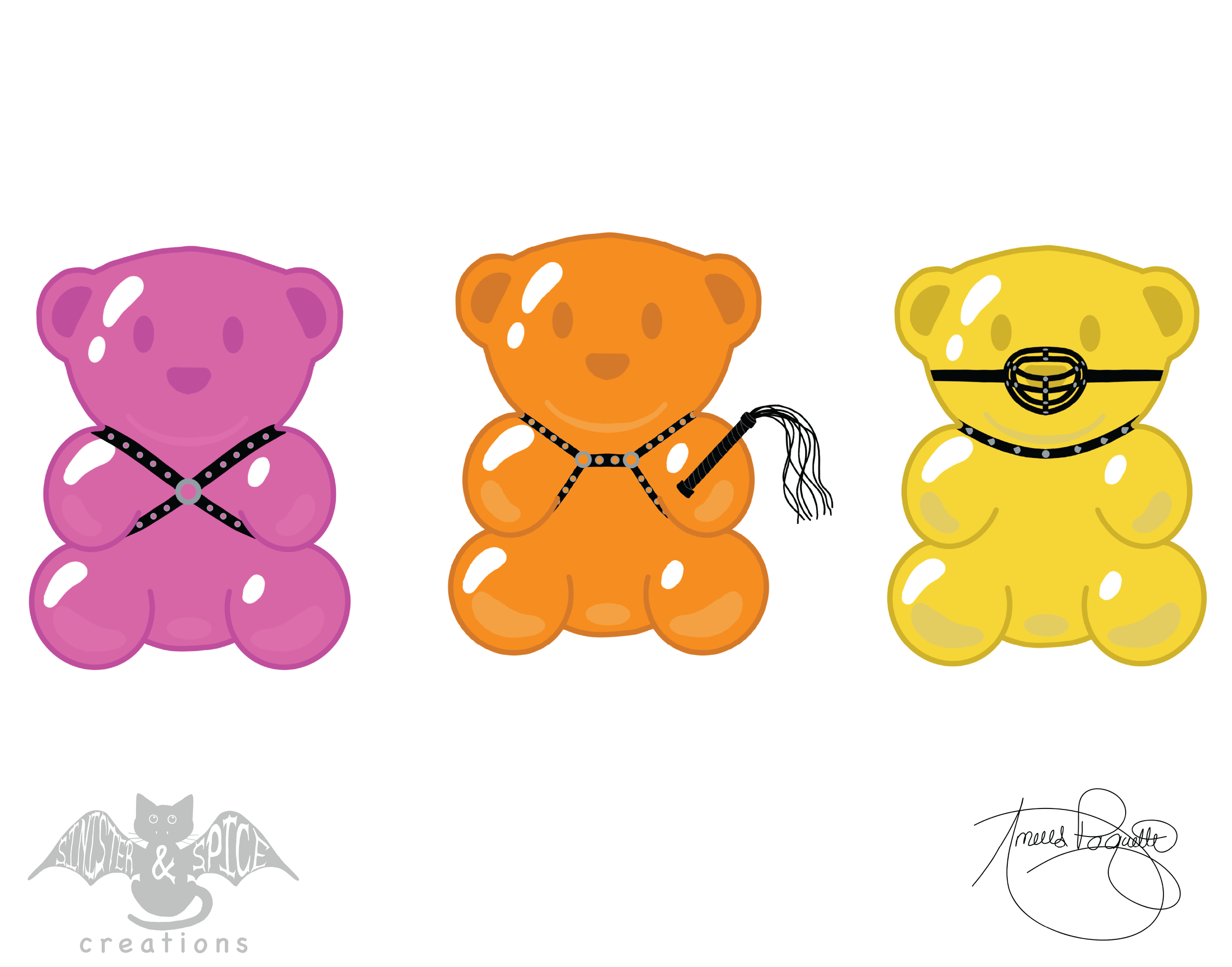 Three cartoon teddy bears in pink, orange, and yellow, each wearing black harnesses; the orange bear holds a whip.