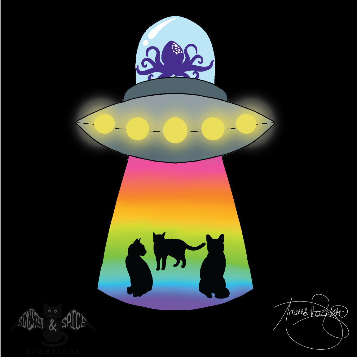A cartoon illustration of a flying saucer spaceship with a purple octopus in a glass dome on top. The spaceship emits a colorful rainbow beam downward, revealing three black cat silhouettes standing on a rainbow spectrum background. The image has a black background and includes a signature in the bottom right corner.