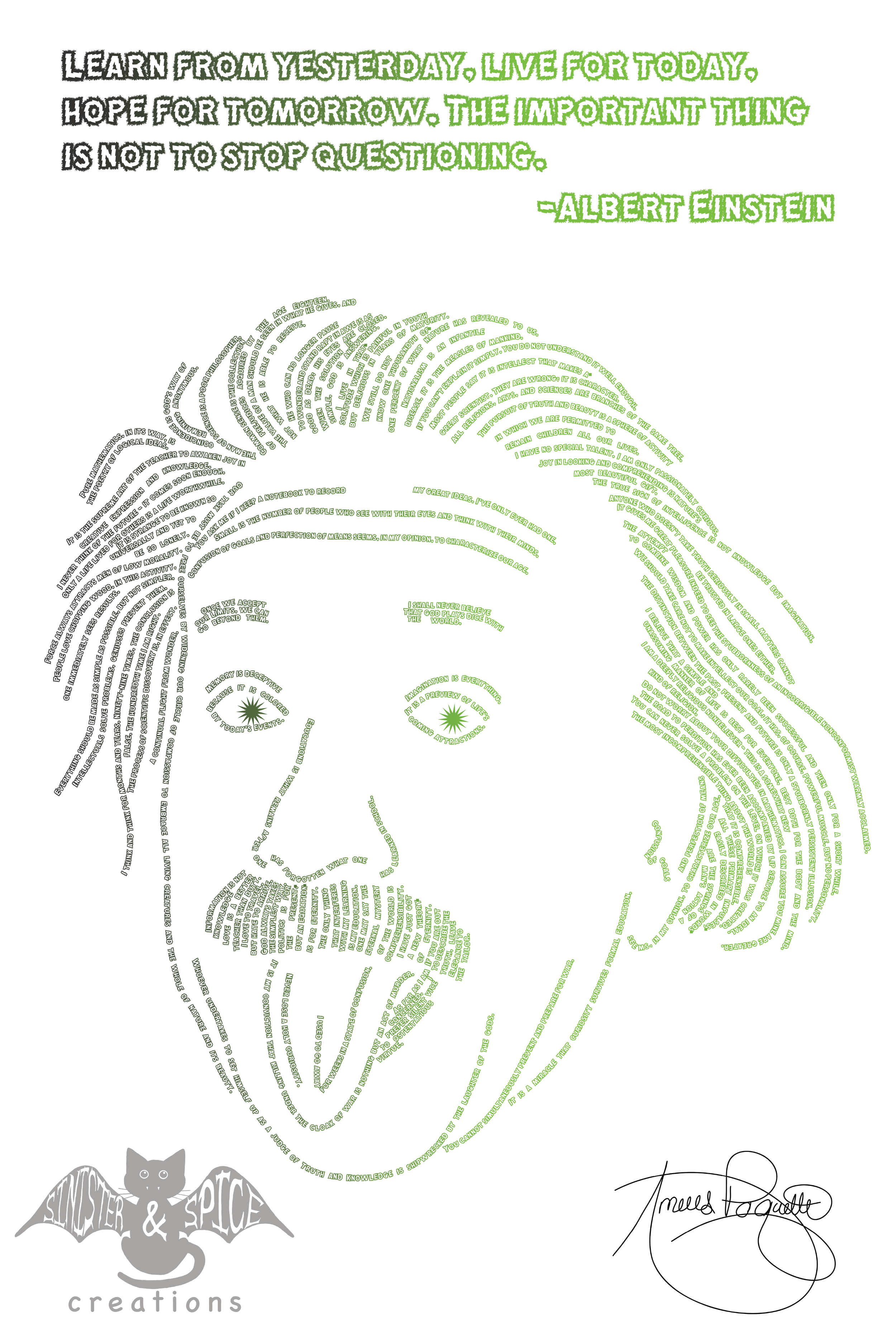 A large, colorful design of text forming the shape of a pumpkin. The text contains a famous quote about learning and curiosity by Albert Einstein, with a signature and a logo reading 'STITCHER & SPICE creations' with a cartoon cat face, wings, and a scroll.