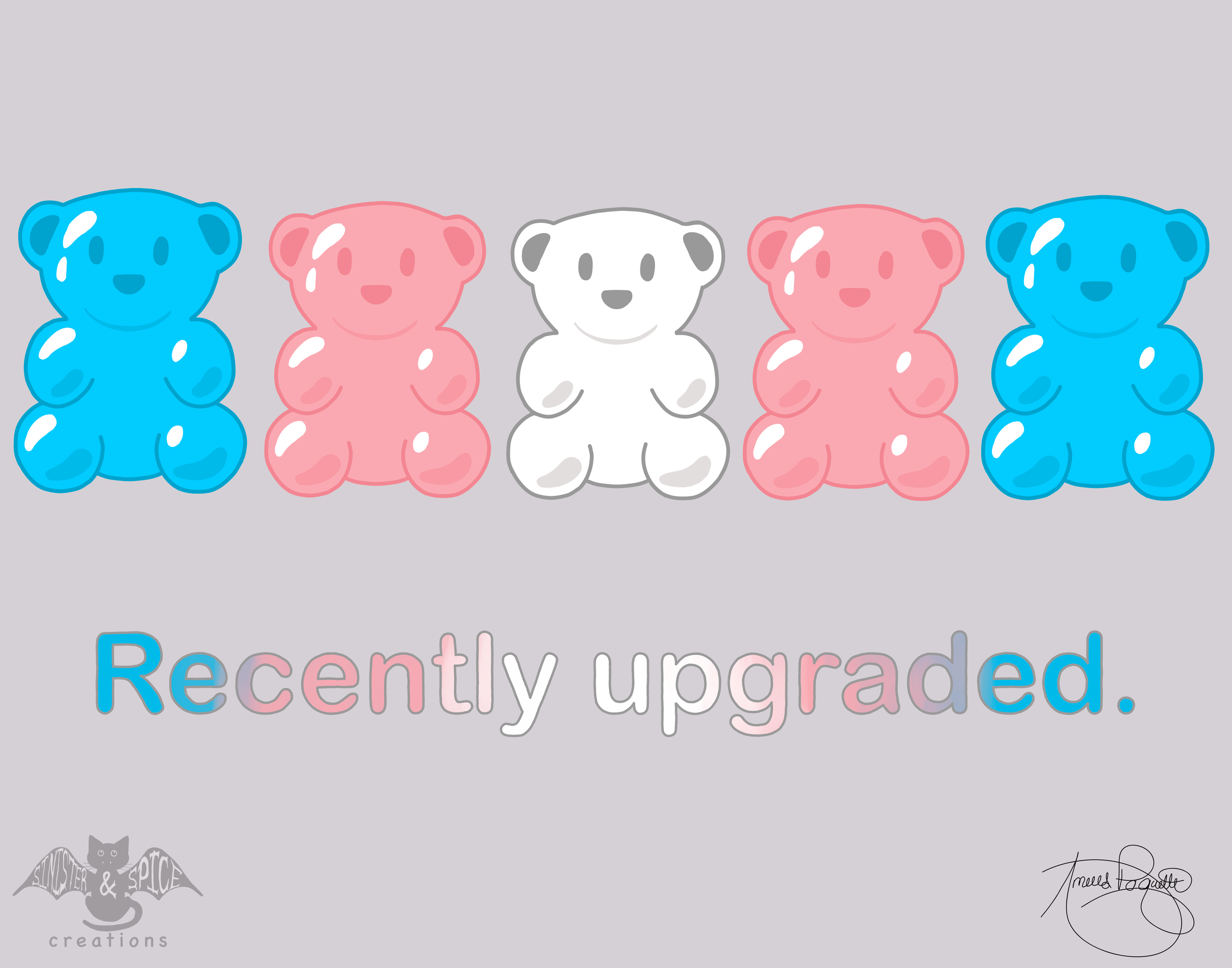 A digital illustration of teddy bears in blue, pink, and white colors, along with the text "Recently upgraded" and a logo for "Sunster & Spice Creations."