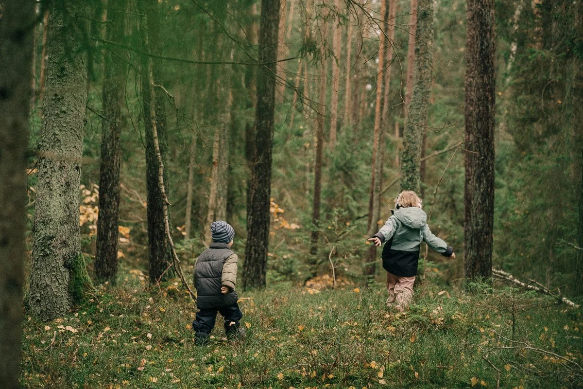 Two children playing in a dense forest with tall trees and green foliage.