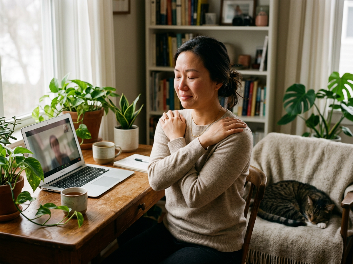 Woman participating in online EMDR session doing tapping for bilateral stimulation