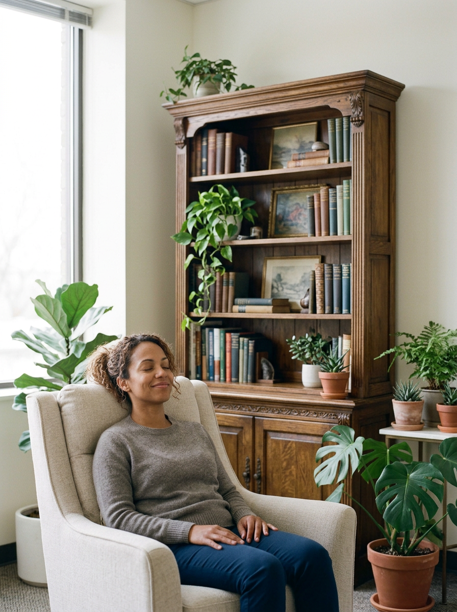 A woman participating in an online hypnotherapy session.
