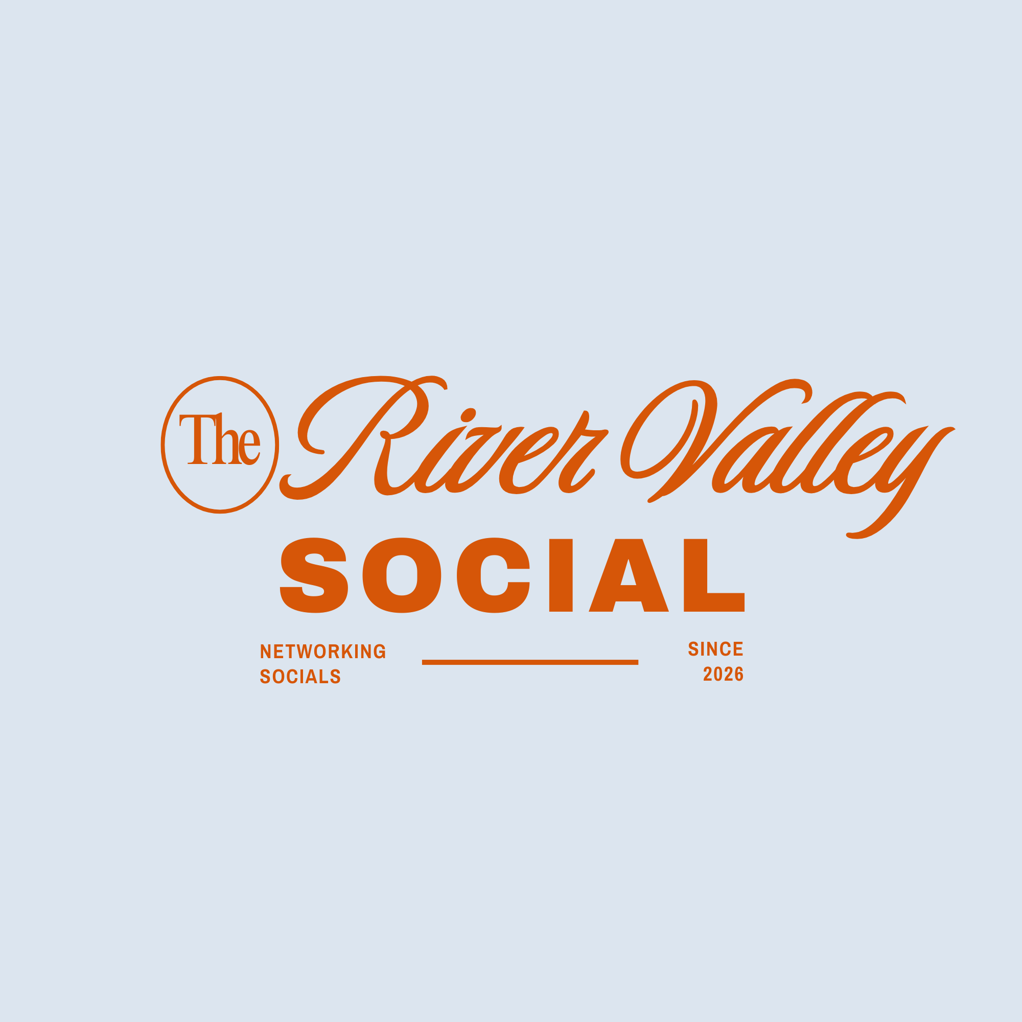 Part of a logo with orange text that says "The River Valley Social" on a light blue background.