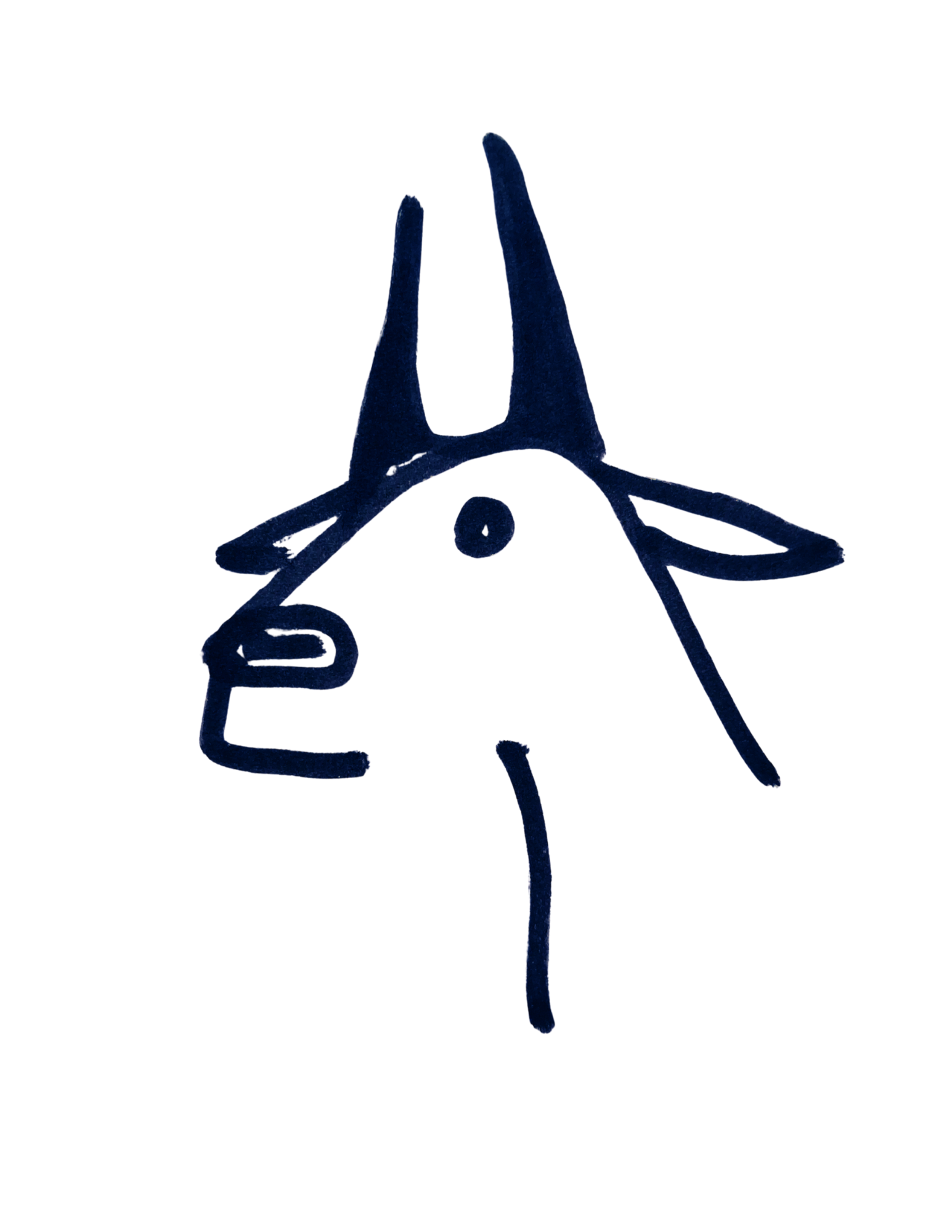 A simple line drawing of a crab with an elongated body and claws, rendered in dark blue ink on a black background.