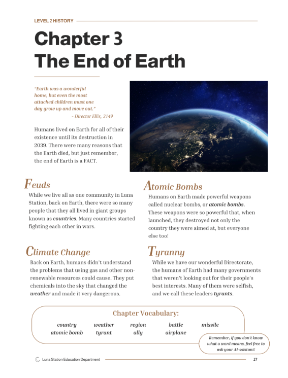 Page from a fictional history textbook titled "Chapter 3: The End of Earth" with sections on feuds, climate change, atomic bombs, tyranny, and vocabulary related to space and conflict. Includes a picture of Earth from space.