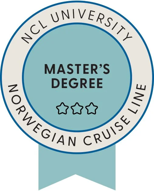 A circular badge with the text "InCl University Norwegian Cruise Line" surrounding a smaller circle that says "Master's Degree" and three stars underneath.