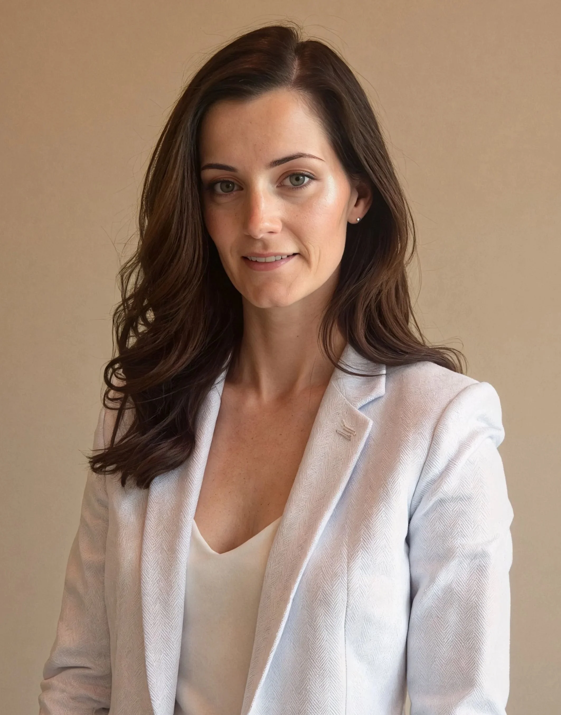 family travel advisor with long, wavy brown hair and light skin, wearing a white blazer, standing against a beige wall.