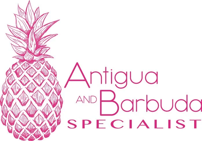 Pink line drawing of a pineapple next to the text 'Antigua and Barbuda Specialist' in pink.