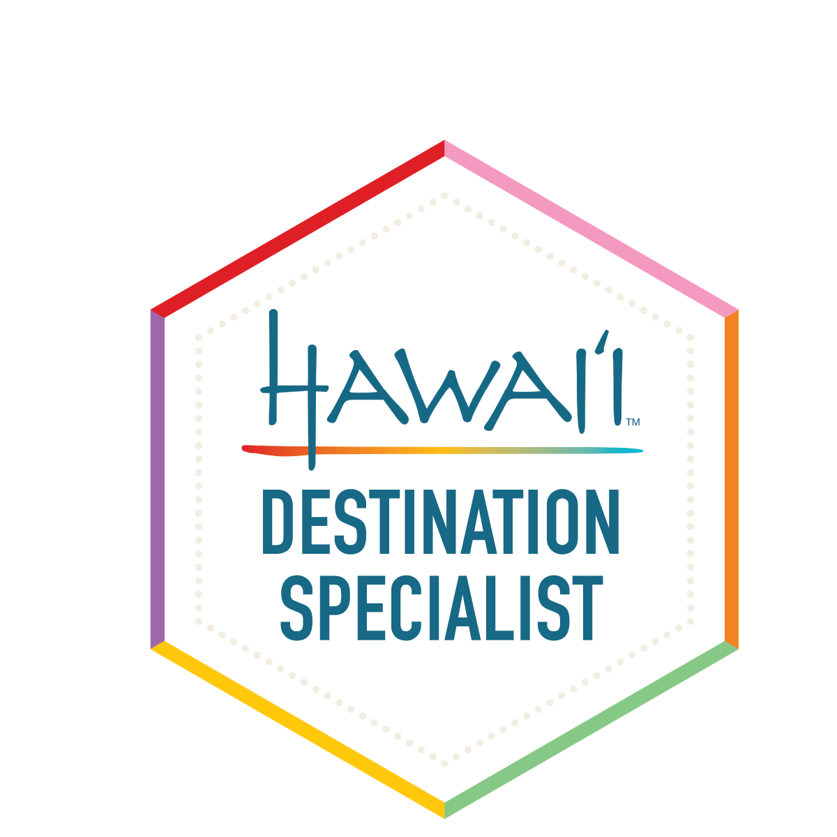 Hawaii Destination Specialist logo featuring a hexagon with rainbow-colored borders, a hibiscus flower and leaves at the top, and the text 'Hawaii Destination Specialist' inside.