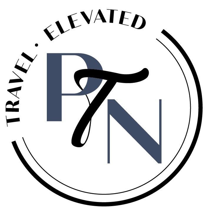 Travel-inspired logo with the words 'Travel' and 'Elevated' around a circle and the initials 'PZN' in the center, styled with a black '7' overlay.