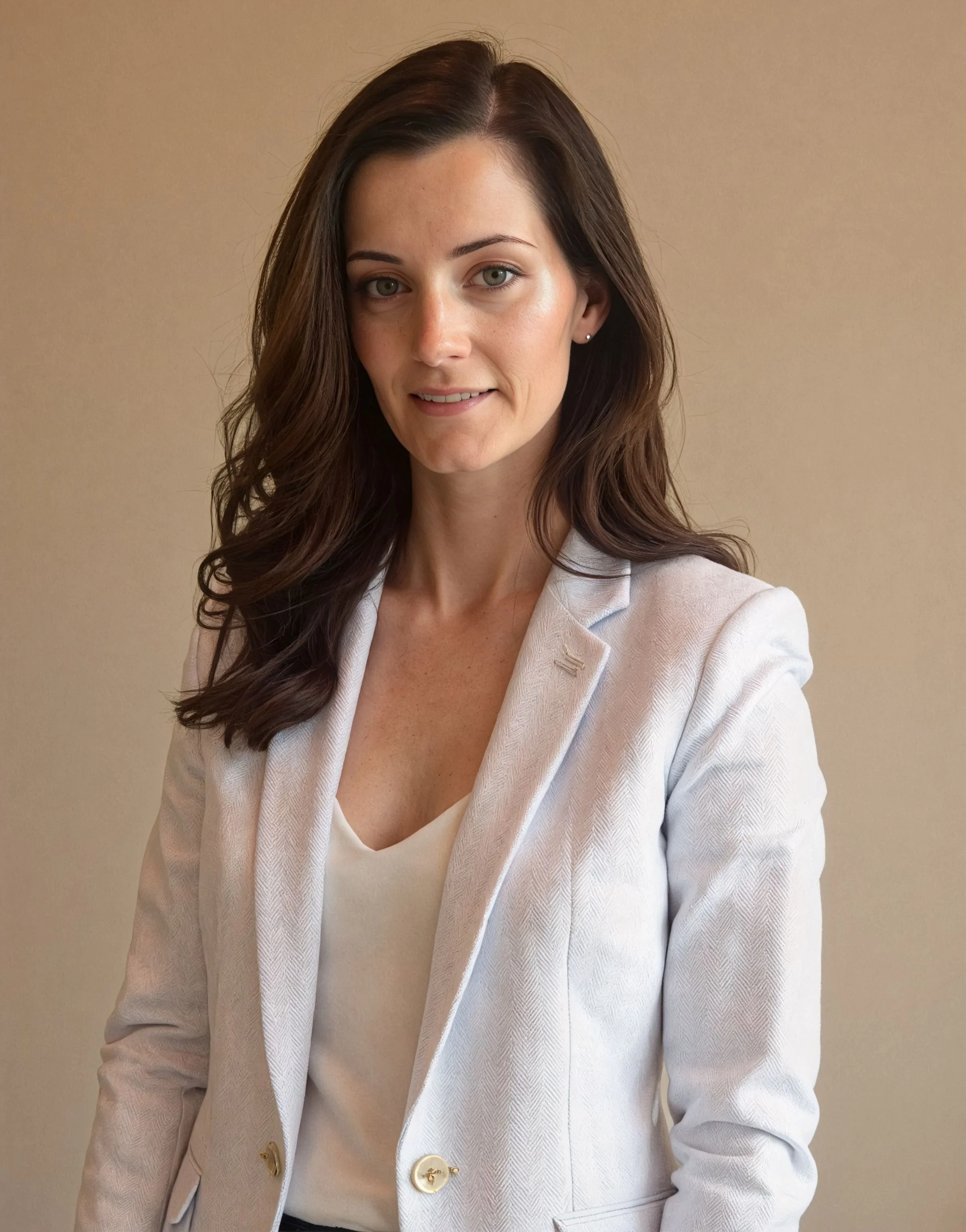 A woman with long, wavy brown hair and light skin, wearing a pale pink blazer over a white top, smiling slightly, standing against a plain beige wall.