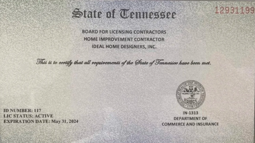Tennessee home improvement contractor license with license number 117, active status, expiration date May 31, 2024, issued by the Tennessee Department of Commerce and Insurance.