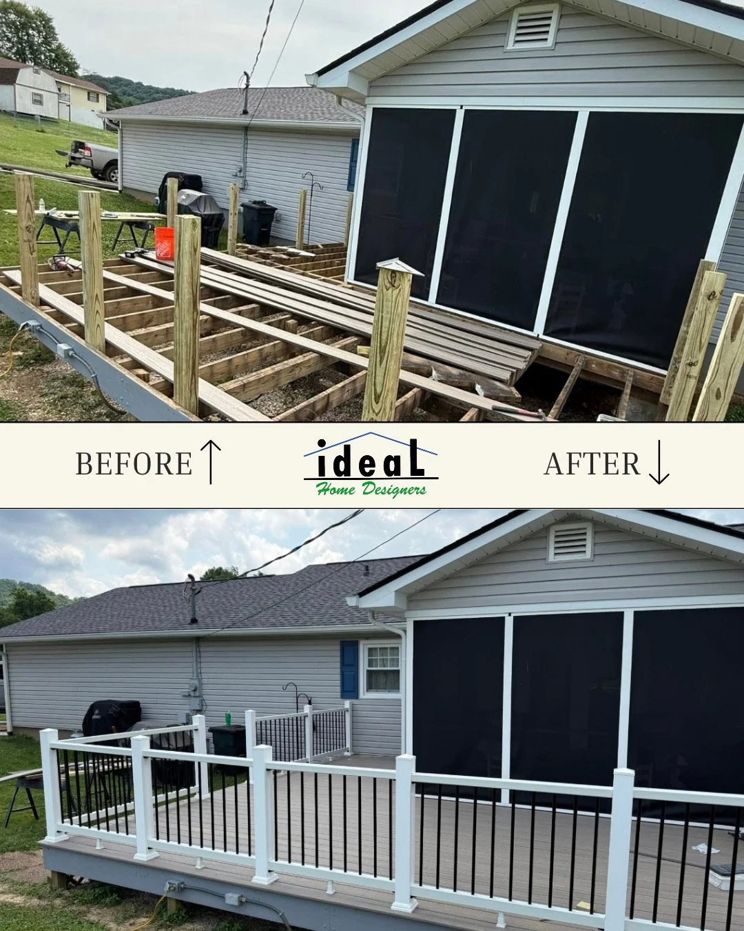 Comparison image showing a house deck renovation with a before photo of incomplete wooden frame and an after photo of a finished deck with white and black railing.