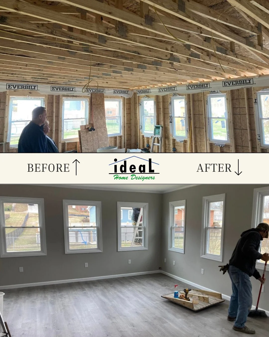 Comparison of a room before and after renovation: the upper image shows an unfinished room with exposed wooden studs and beams, construction materials, and two men inspecting the space; the lower image shows the same room completed with painted gray walls, finished flooring, installed windows, and a person sweeping the floor.