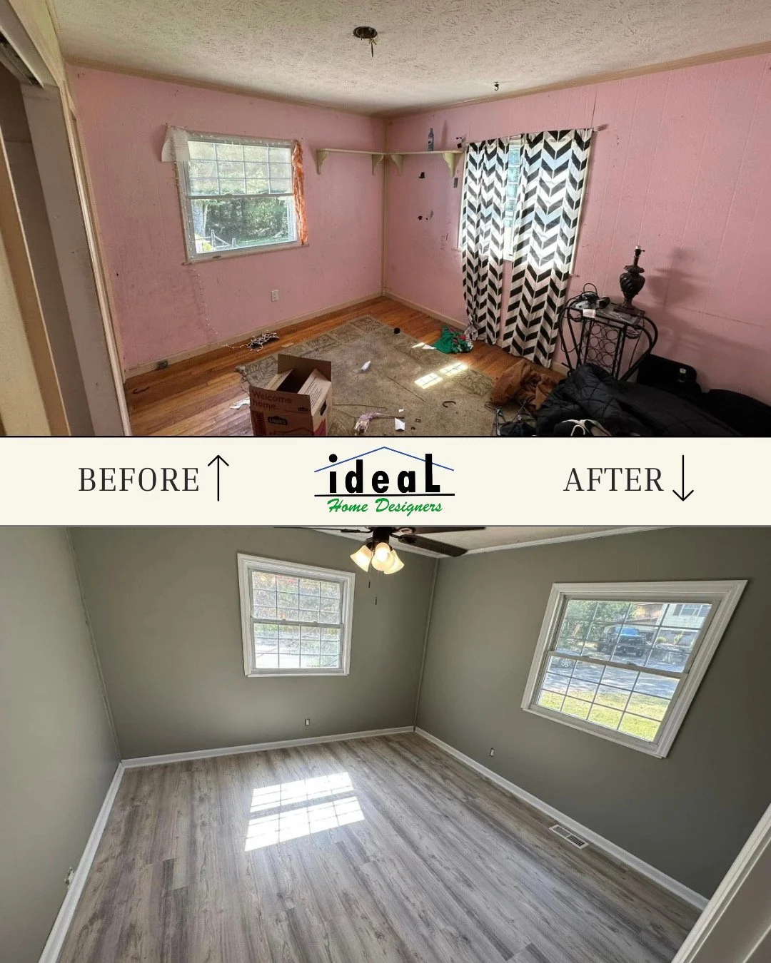 Comparison of a room before and after renovation. The before image shows a cluttered, worn pink wall room with a window, curtains, and a ceiling light. The after image shows a clean, freshly painted room with a new ceiling fan, light gray walls, and new flooring.