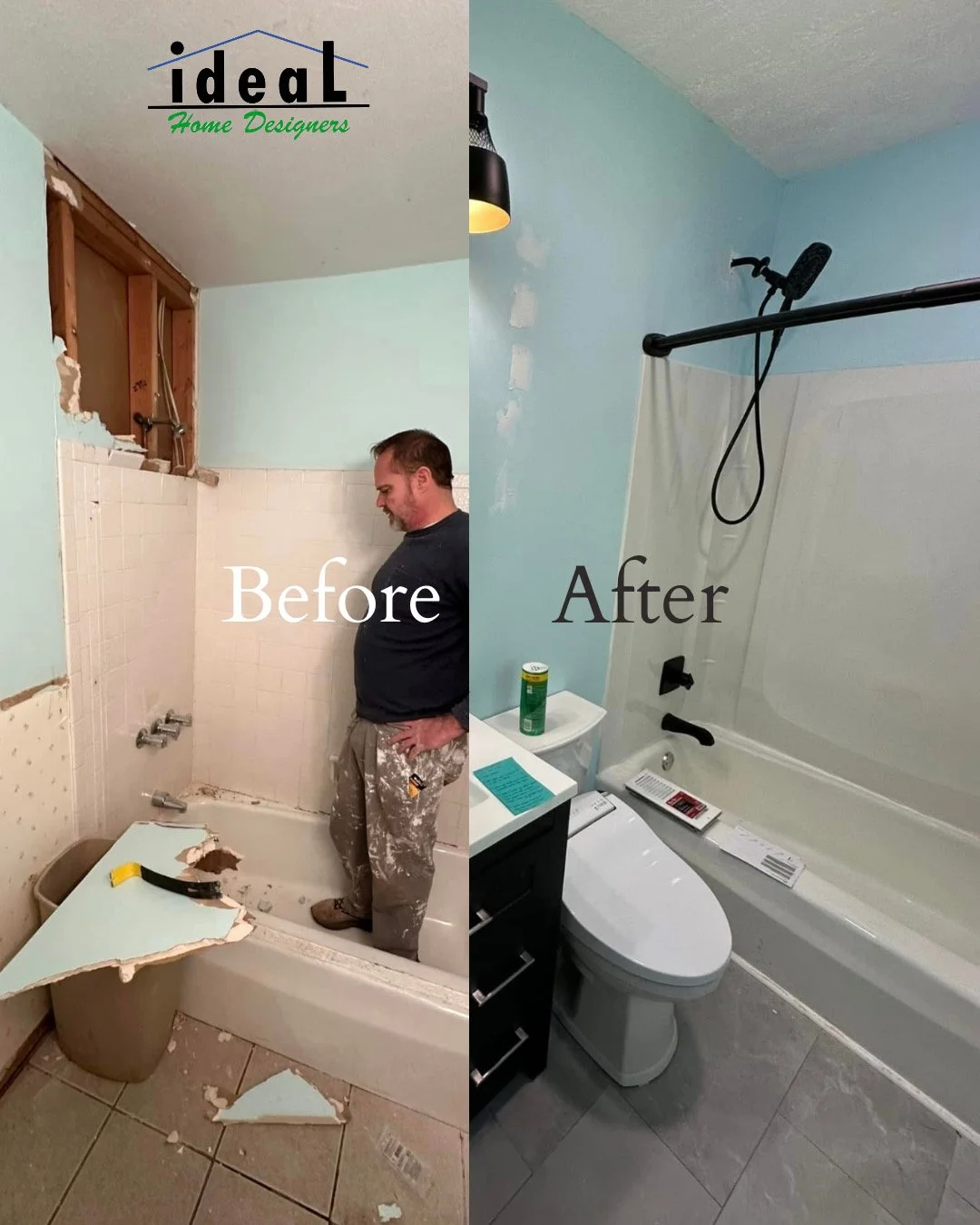 Side-by-side comparison of a bathroom renovation; left side shows an old, damaged bathroom with broken tiles, and the right side shows a renovated bathroom with clean, modern fixtures including a toilet, shower, and fresh blue-painted walls.