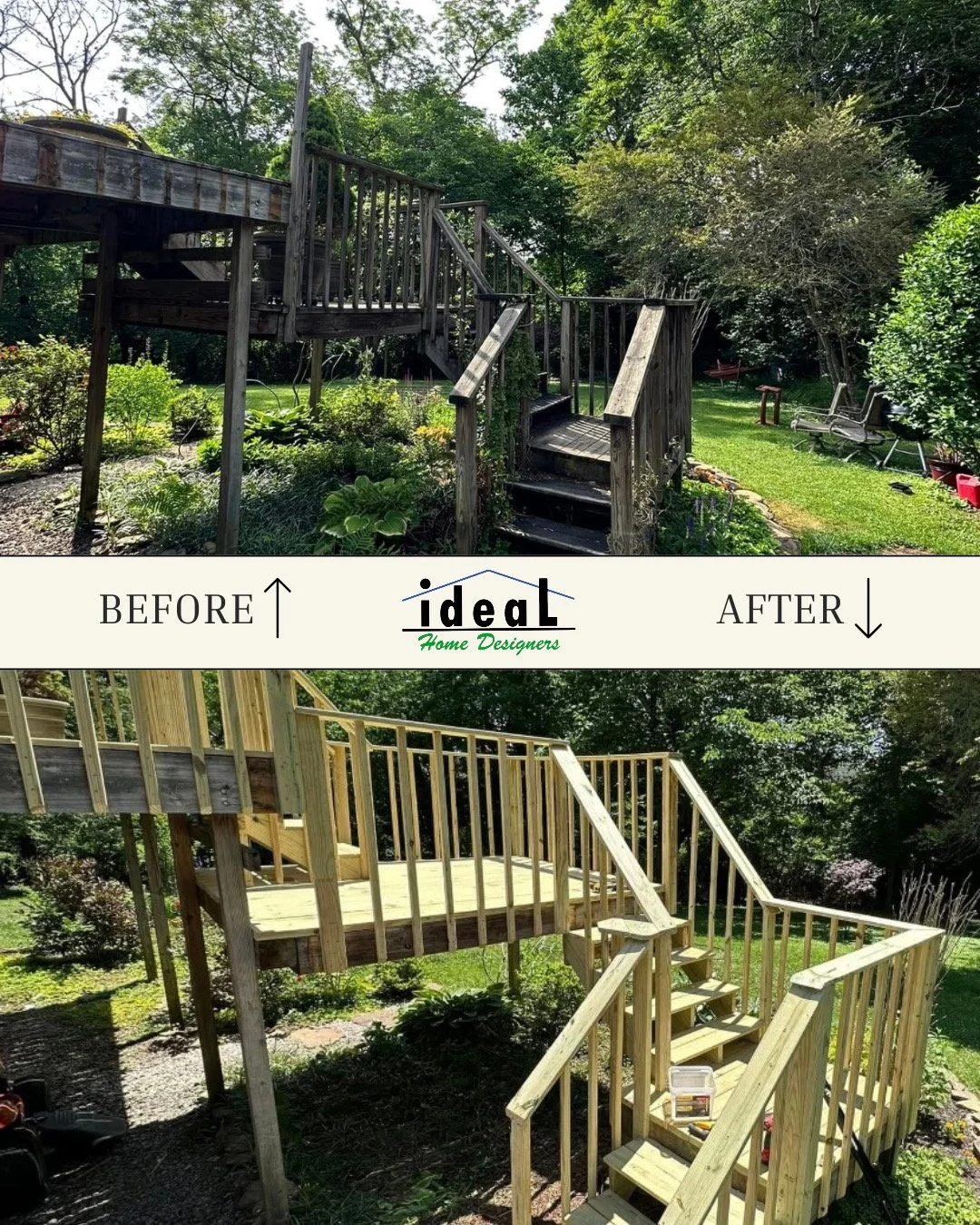 Before and after photos of a backyard deck renovation. The top photo shows an old, weathered wooden deck with a staircase, surrounded by greenery and garden furniture. The bottom photo shows the same deck area under construction with new, light-colored wood framing and stairs.