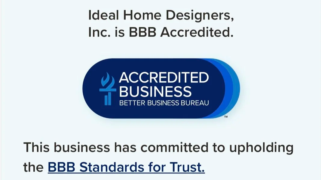 Better Business Bureau accreditation seal and statement about BBB standards for trust, issued to Ideal Home Designers, Inc.