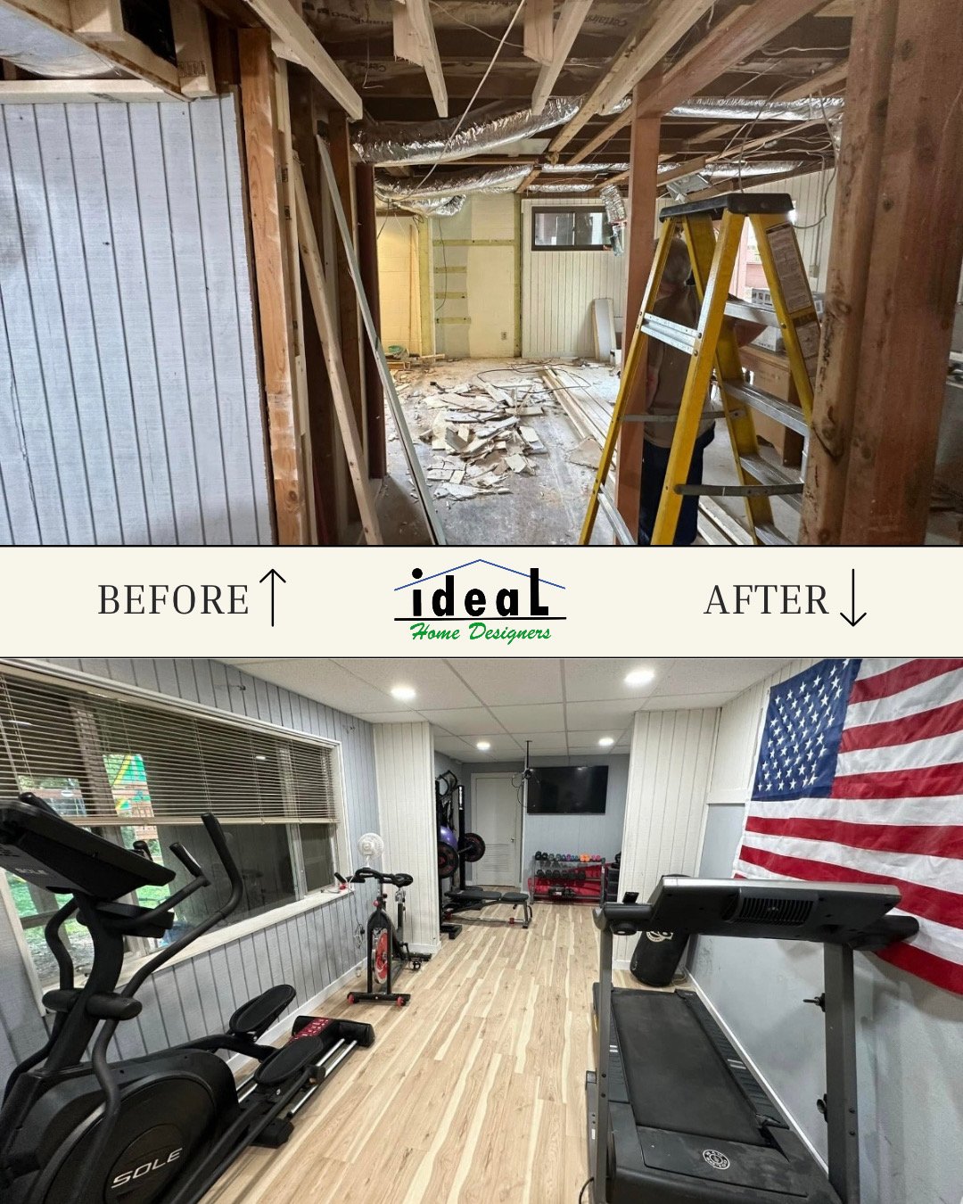 Comparison of a room before and after renovation: the top image shows a construction site with exposed beams, debris, and a worker on a ladder; the bottom image shows a finished home gym with workout equipment, wood flooring, and an American flag on the wall.