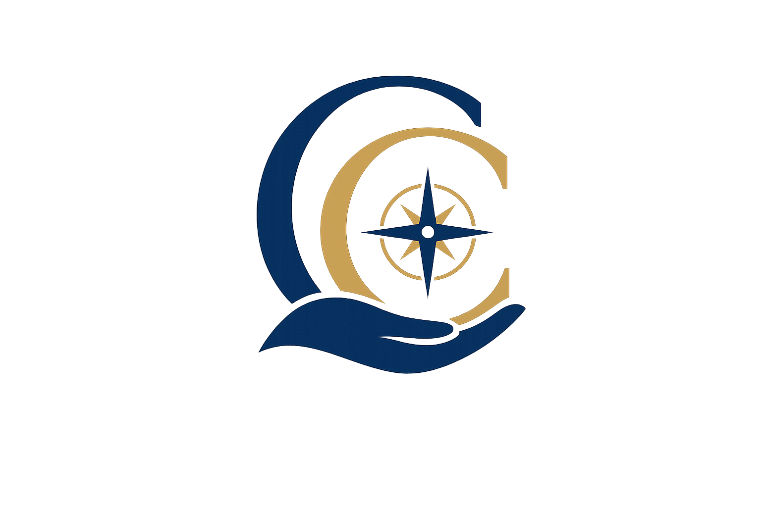 A hand holding a compass with a navy blue outline and a gold face, against a black background.