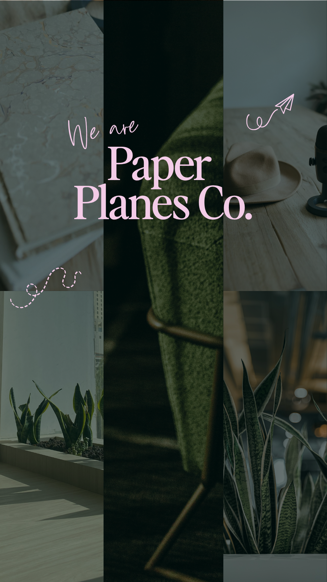 Design template with text "We are Paper Planes Co." over a collage of images including a marble surface, a plant, a hat on a wooden table, and indoor plants.