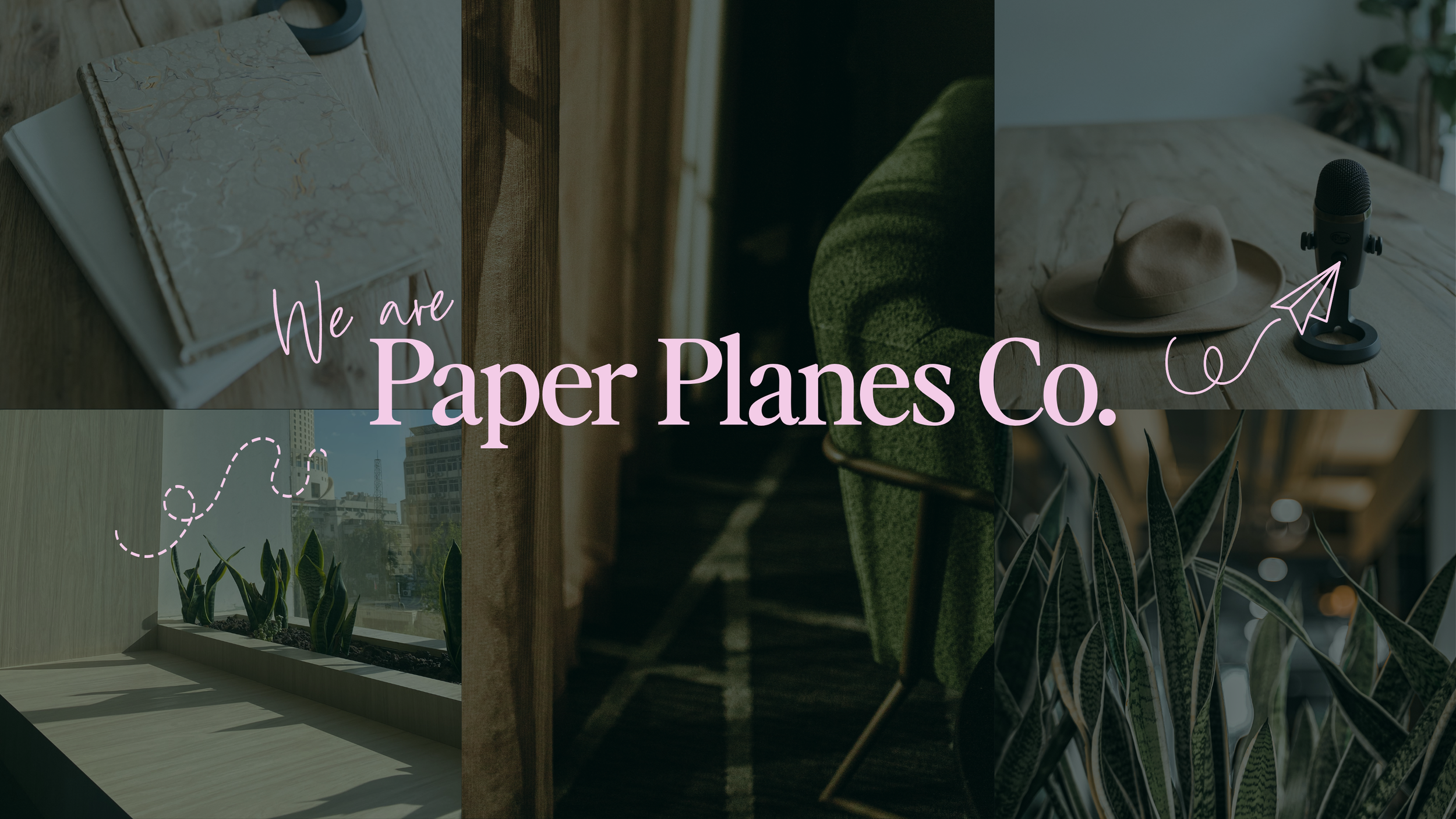 Collage of four images with the text "We are Paper Plans Co." in pink. Top left shows notebooks on a wooden table, top right features a hat, microphone, and paper airplane drawing, bottom left depicts plants on a windowsill, bottom right displays indoor plants with sunlight.