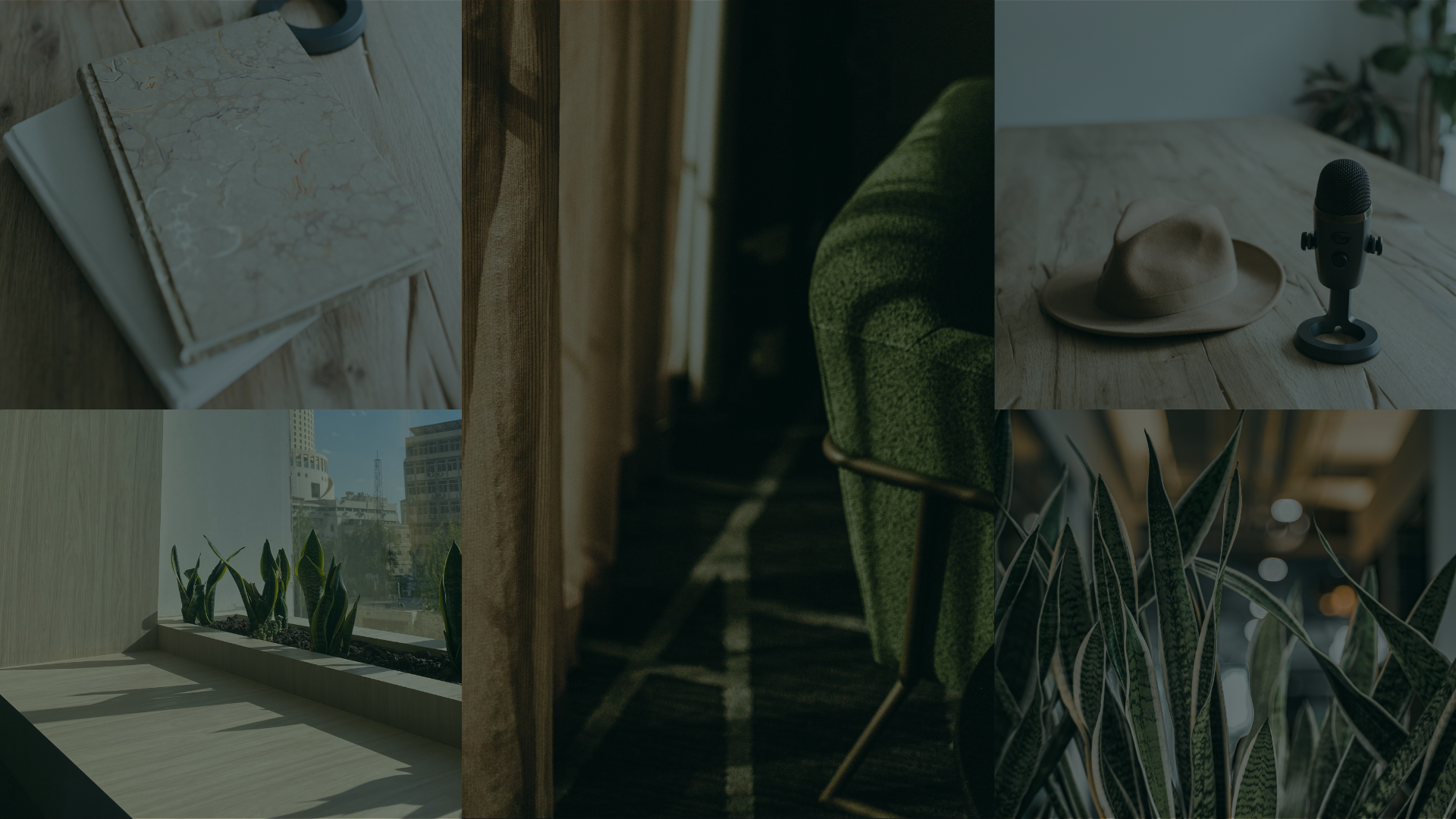 Collage of interior and exterior scenes: a table with notebooks, a cozy green chair near a window with city buildings, a hat and microphone on a wooden table, and potted plants with sunlight streaming through windows.