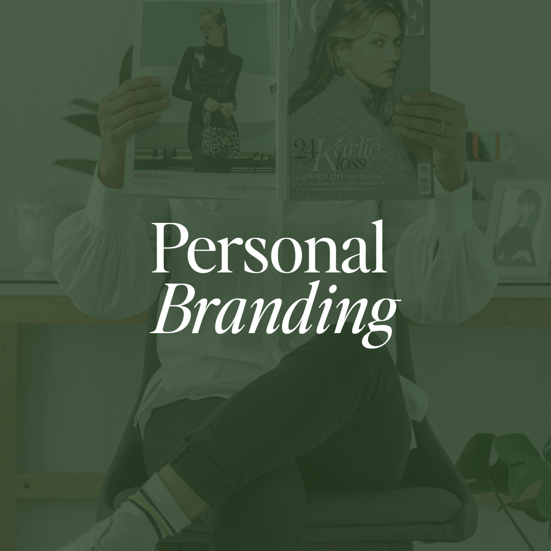 A person sitting at a desk holding magazines with fashion models on the covers, with the text 'Personal Branding' overlayed.