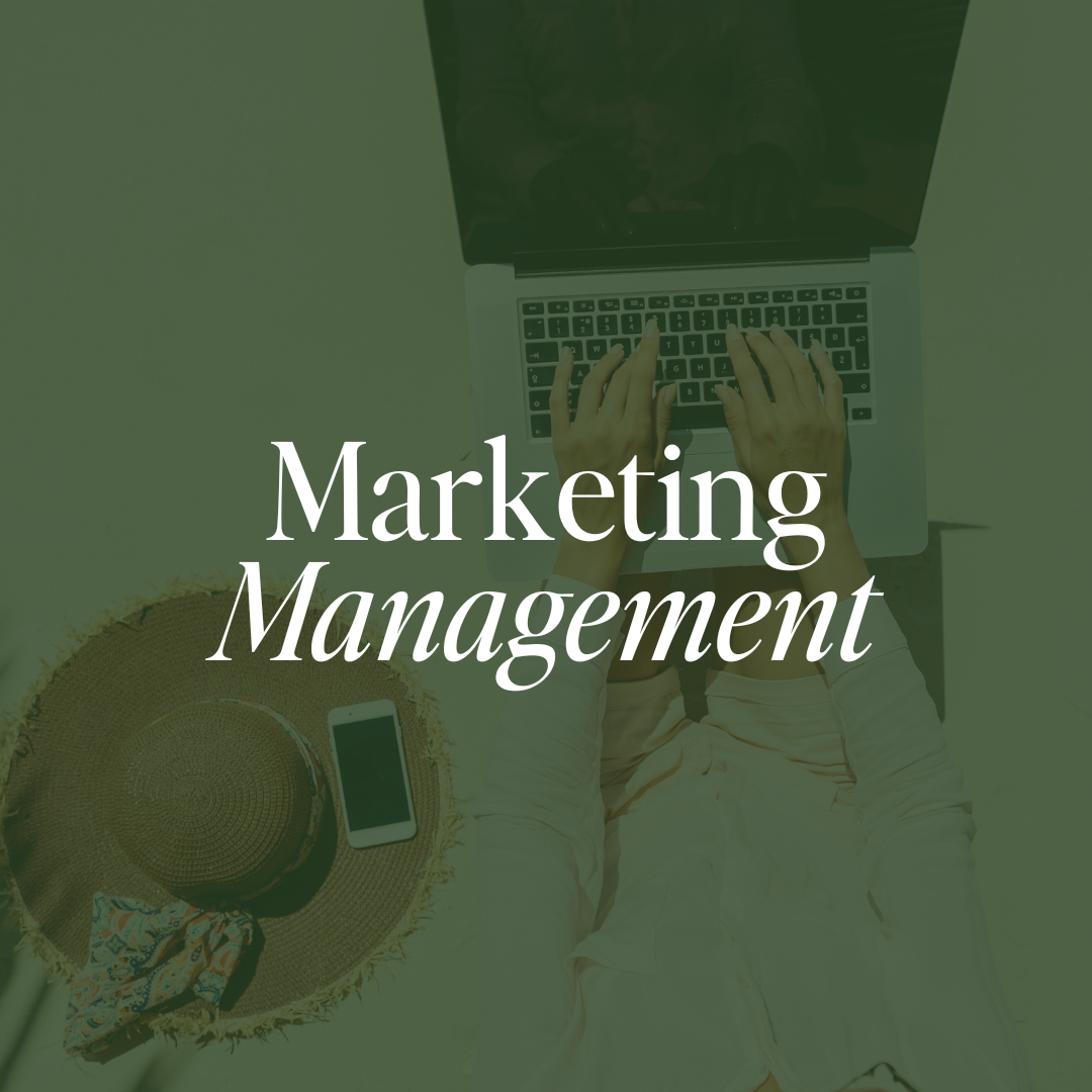 A person using a laptop with the words 'Marketing Management' overlaid, along with a hat, a smartphone, and some papers nearby.
