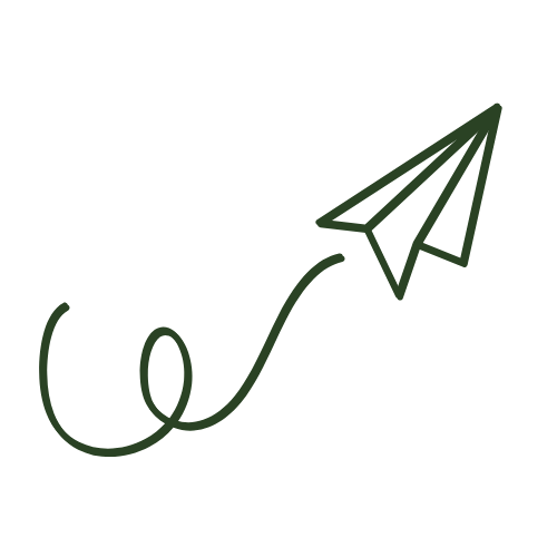 Line drawing of a paper airplane with a curved trail behind it.