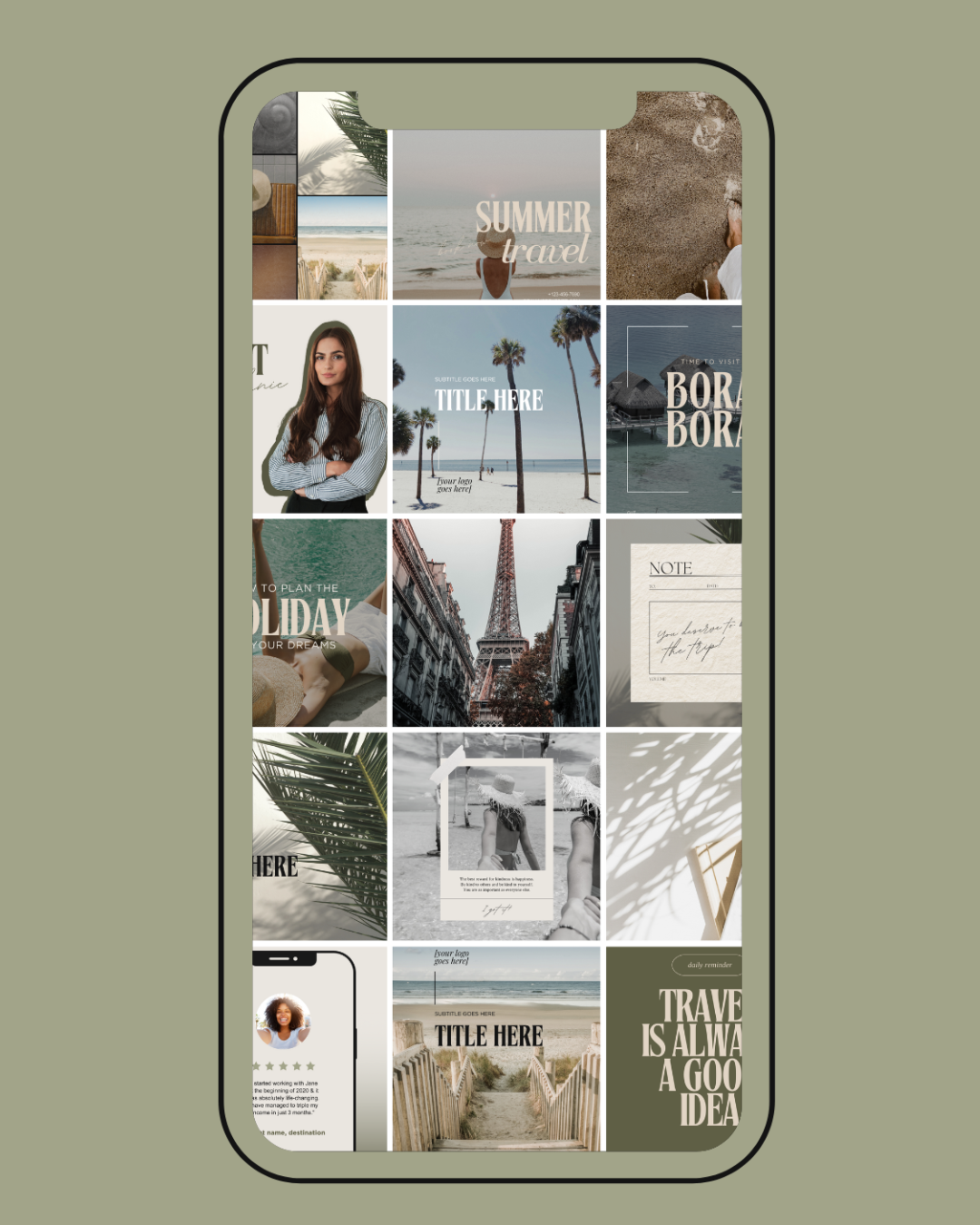 Grid layout of various summer travel-themed photos, including beaches, palm trees, a woman, the Eiffel Tower, and notes, displayed on a smartphone screen.
