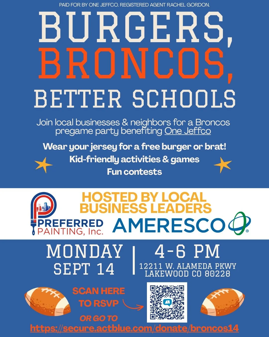 🏈🍔 Broncos, Burgers &amp; Better Schools!

Kick off Broncos season with One Jeffco and help us kick off a winning season for Jeffco schools, too!

Come decked out in your orange &amp; blue and enjoy a FREE burger or brat &mdash; veggie options incl