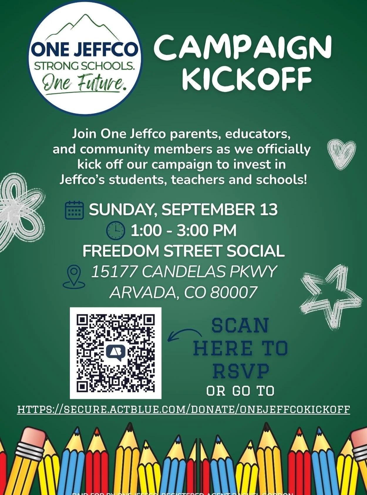 Jeffco, do you believe strong schools mean a stronger community? 📚💙 Then come join us tomorrow!

We&rsquo;re officially kicking off the One Jeffco campaign tomorrow, Sunday, September 13 from 1&ndash;3 PM at Freedom Street Social in Arvada &mdash; 