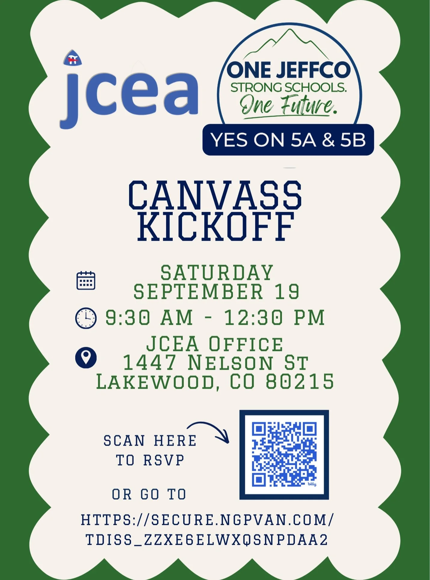 We&rsquo;re hitting the doors for Jeffco schools &mdash; and we need you with us! 📣

Join One Jeffco + Jefferson County Education Association (JCEA) this Saturday for our Canvass Kickoff as we talk directly with Jeffco voters about voting YES on 5A 