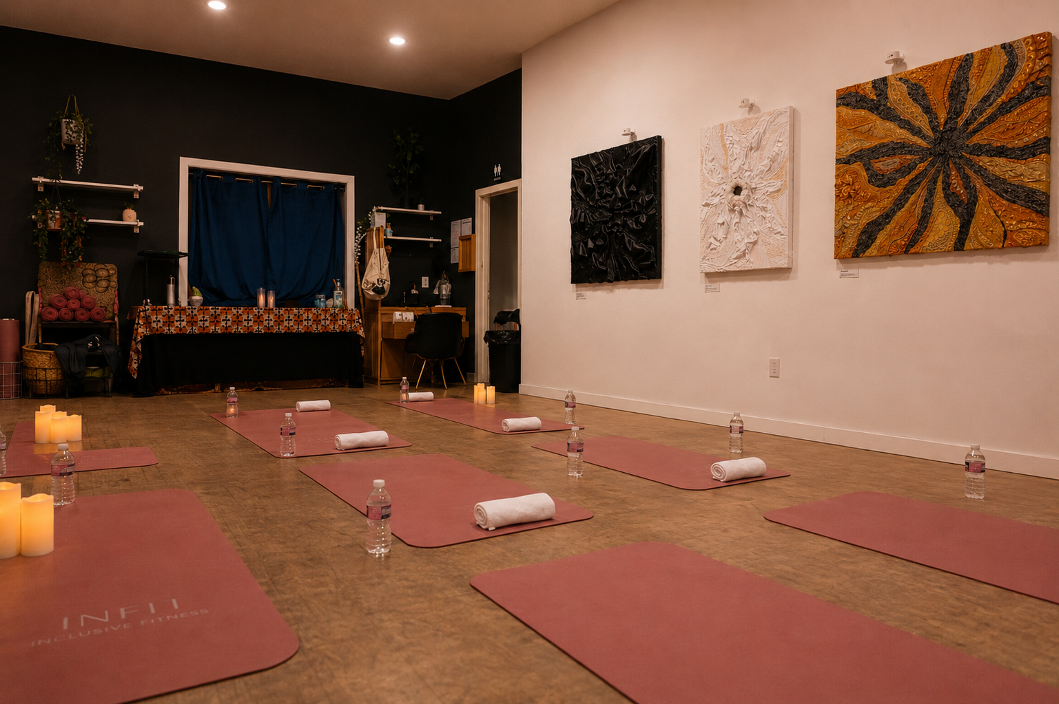 Yoga class setup in a studio with pink mats, each with a rolled white towel and a water bottle, arranged in rows on a wooden floor. The studio is decorated with candles and wall art.