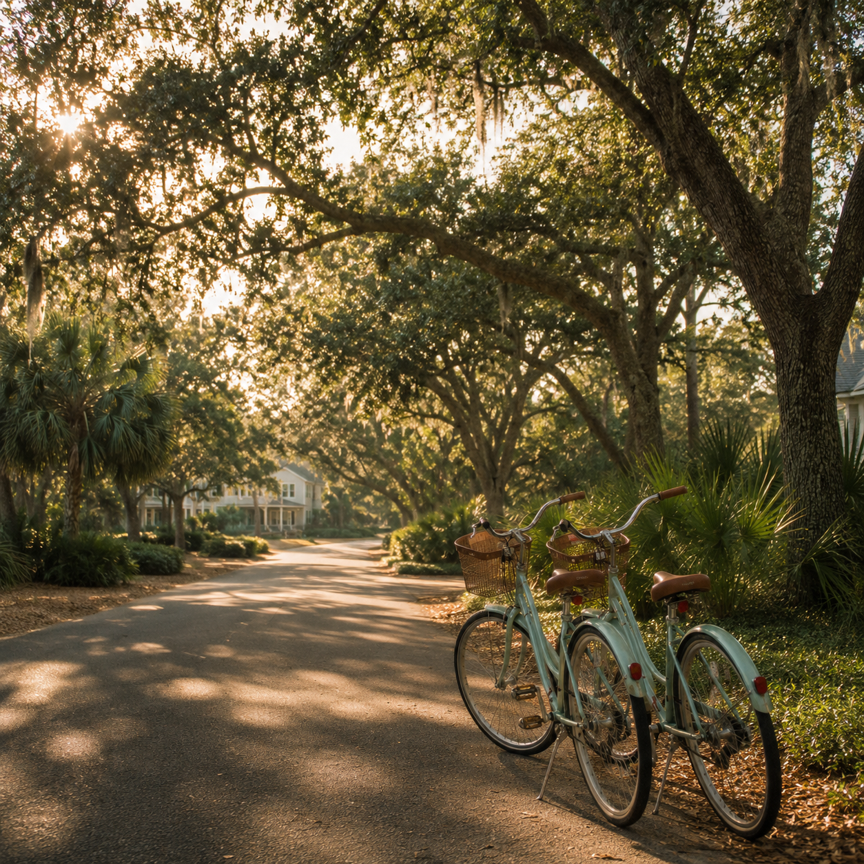 Two vintage-style bicycles with baskets parked on a shaded residential street lined with large trees and lush greenery during sunset.