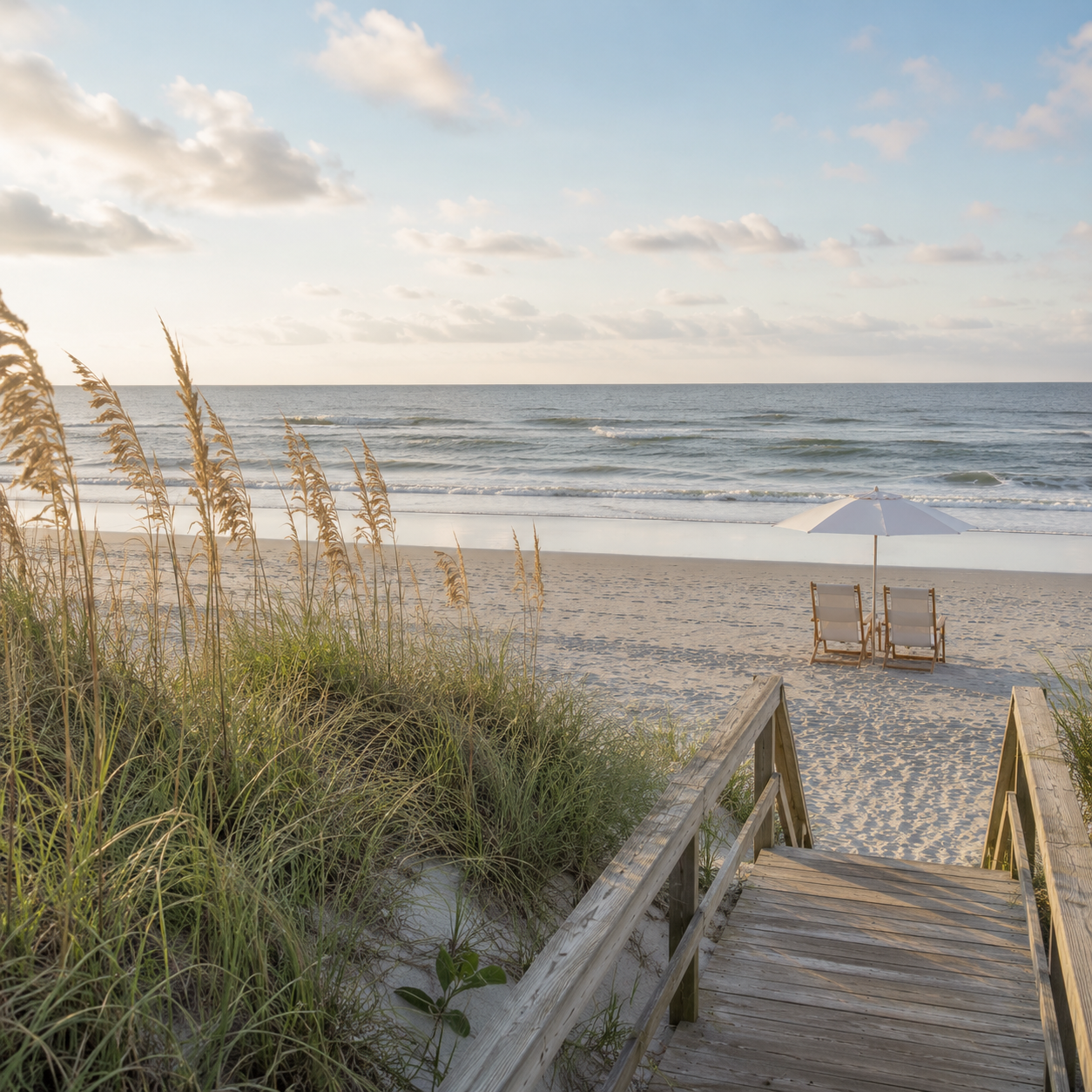 Wooden stairs leading to a sandy beach with tall grass, two lounge chairs, and a white beach umbrella by the shore under a partly cloudy sky.