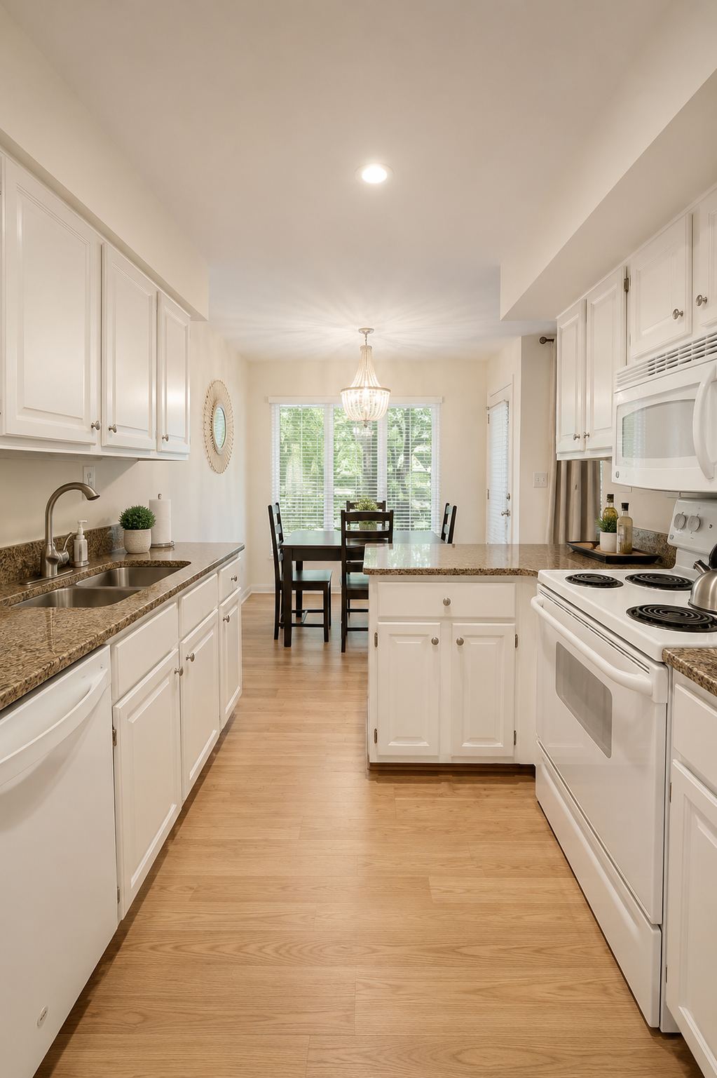 A bright, white kitchen with granite countertops, white cabinets, a double sink, and a white stove. There is a dining area with a table and chairs at the far end, near large windows and a chandelier.