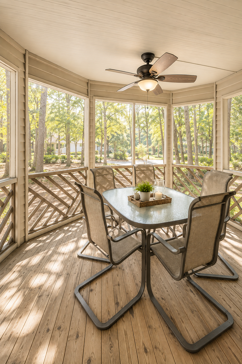 Sunlit screened porch with a wooden table, six chairs, a ceiling fan, and decorative candles and plants on the table, overlooking a green yard with trees.