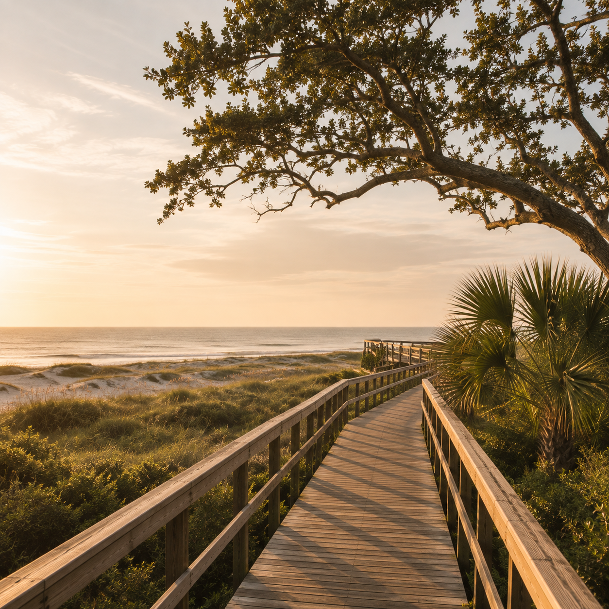 Wooden walkway leading to a beach with sand dunes, greenery, ocean waves, and a sunset sky, with trees and palm bushes nearby.