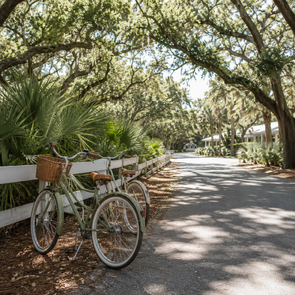 Two bicycles parked by a white fence along a tree-lined street with shaded and sunny areas, and lush green foliage.