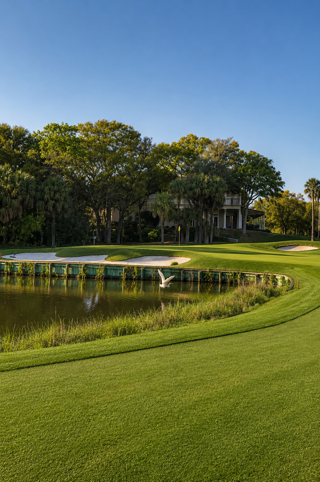 A scenic golf course with well-manicured grass, water hazard with a bird flying over, sand bunkers, and a large house surrounded by tall trees in the background under a clear blue sky.