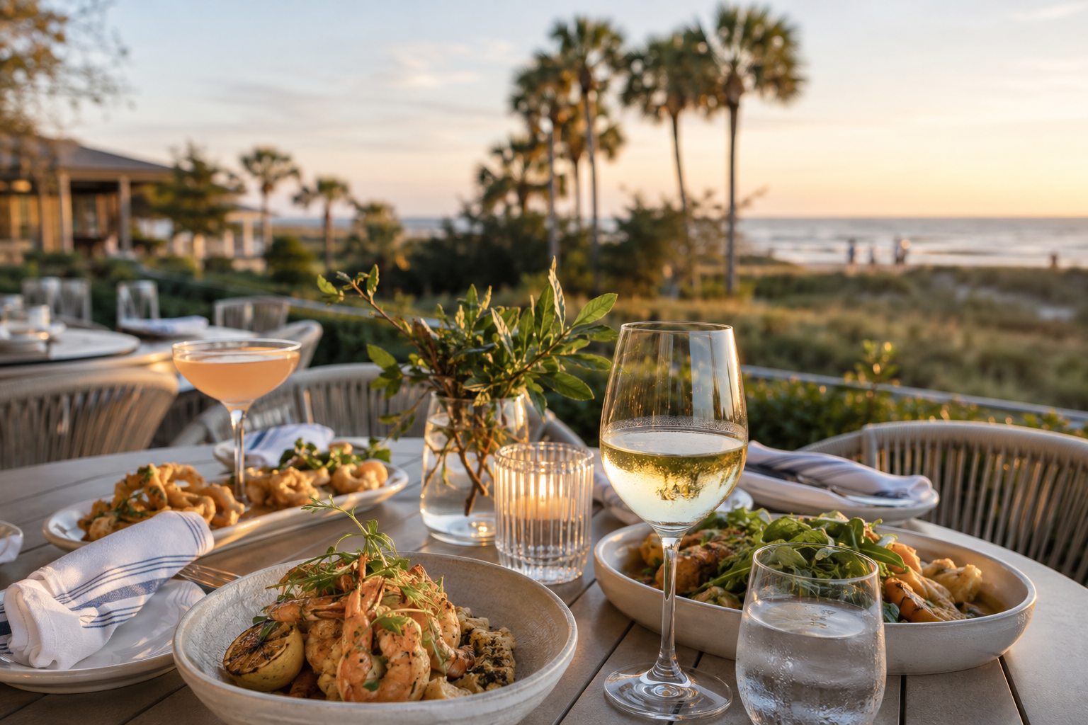 Outdoor dinner table set with pasta, salad, and drinks, overlooking beach at sunset