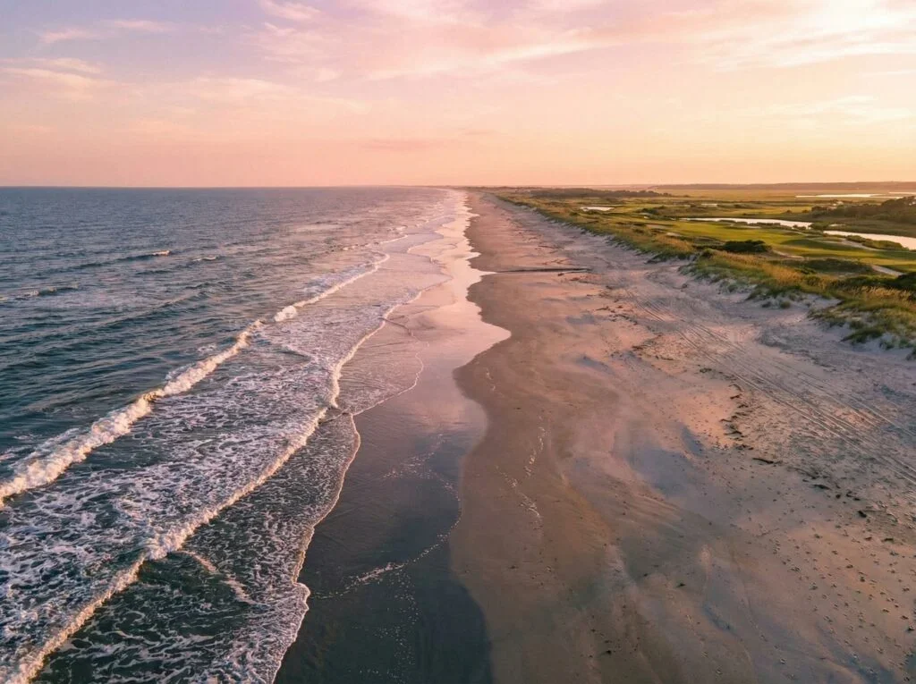 An aerial view of a sandy beach at sunset with waves crashing onto the shore and grassy dunes in the background.