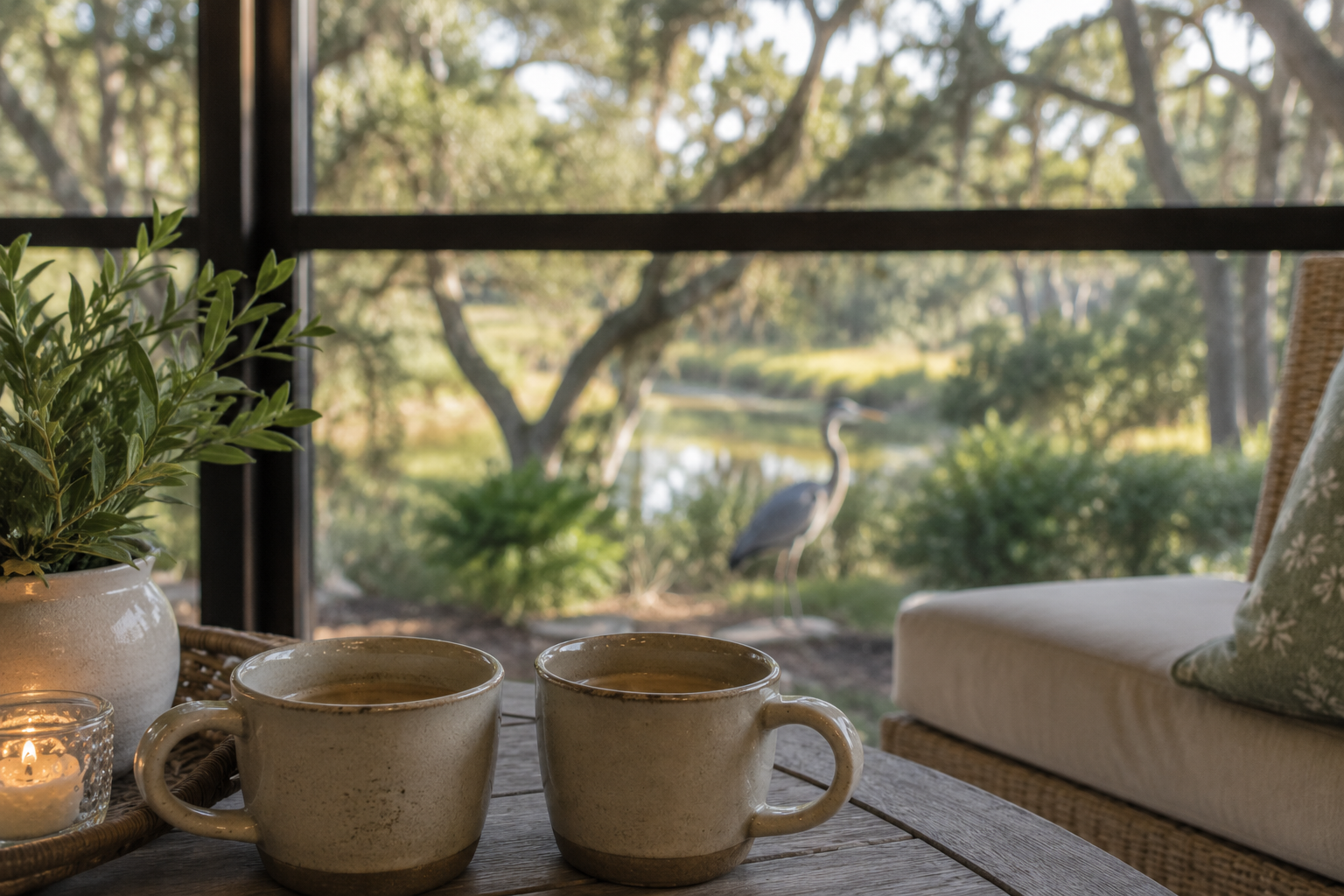 Two ceramic mugs filled with tea on a wooden table, with a potted plant and a lit candle nearby, looking out to a serene outdoor scene with a heron near water and trees.
